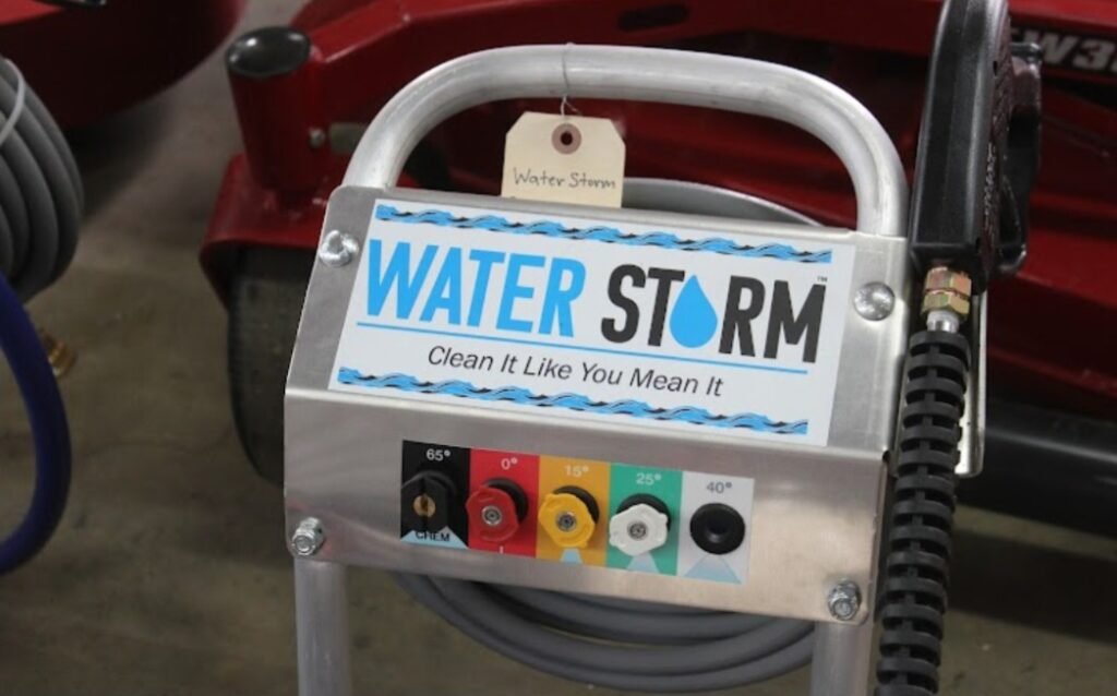 Pressure washer handle with the brand water storm written on the handle. Water storm is a brand that Miller Power LLC sells.